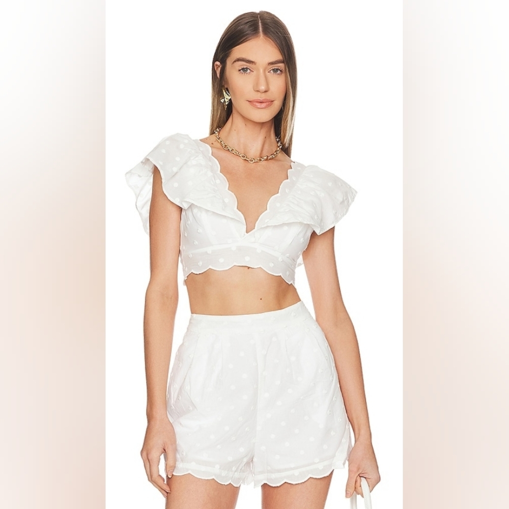 Set: Tularosa Cream Ruffled Crop Top And Shorts